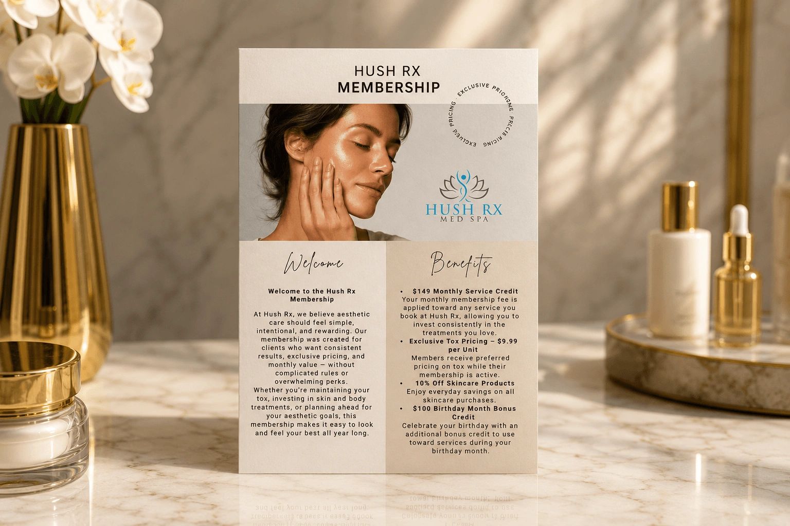 Image of Hush Rx med spa's membership program that saves you money on all of your favorite aesthetic
