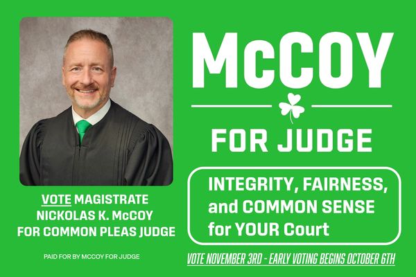 Campaign ad for Nickolas K. McCoy for common pleas judge.