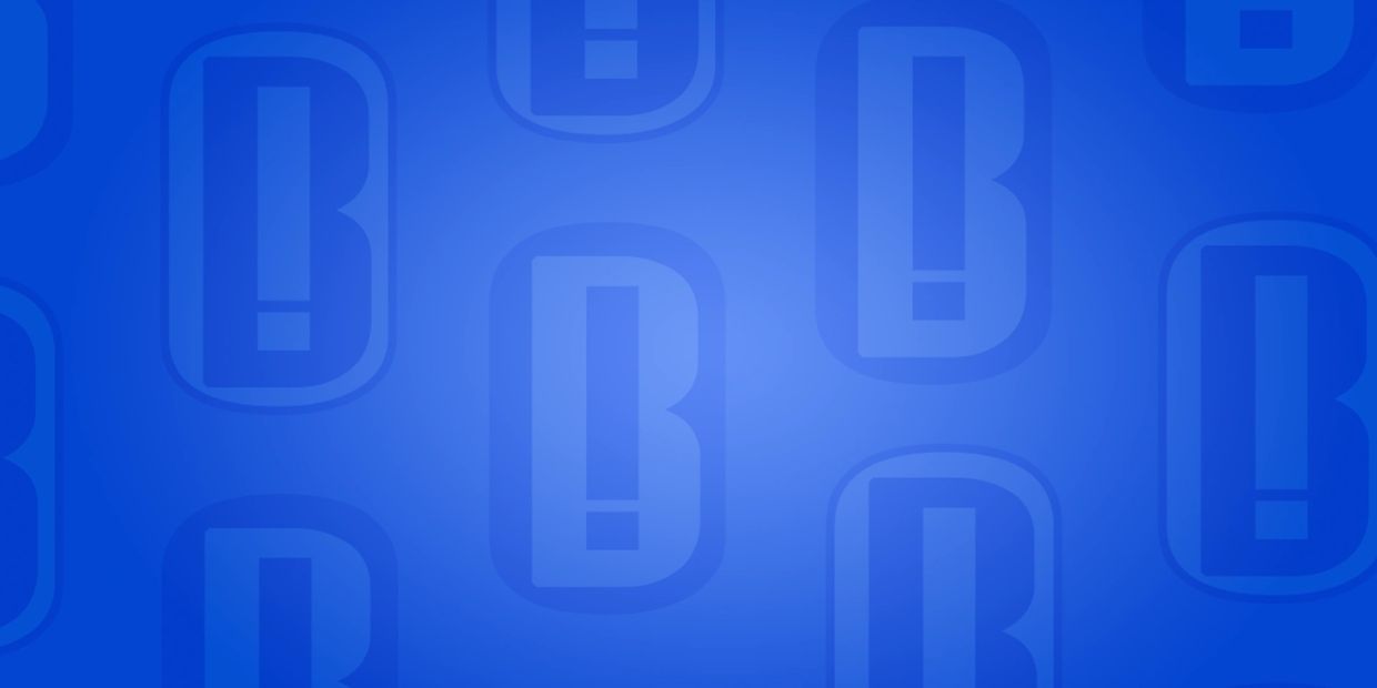 Blue background with repeated stylized B and exclamation mark symbols.
