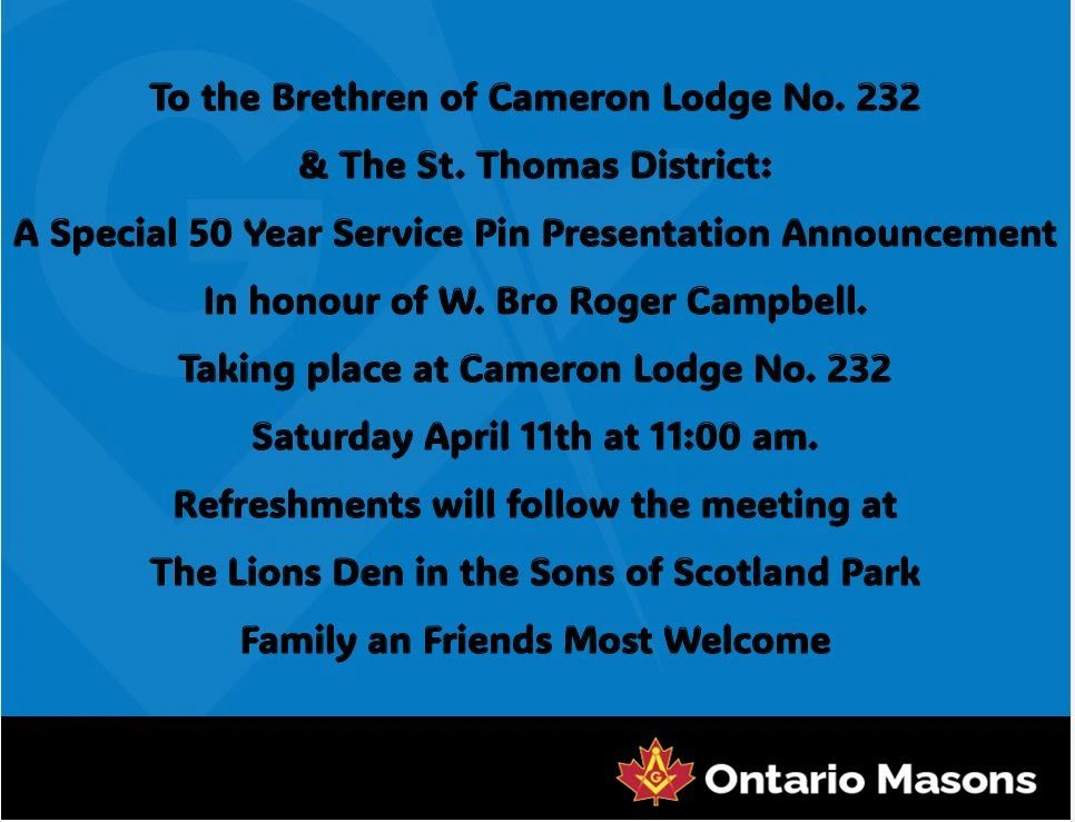 Announcement for a 50-year service pin presentation at Cameron Lodge No. 232.