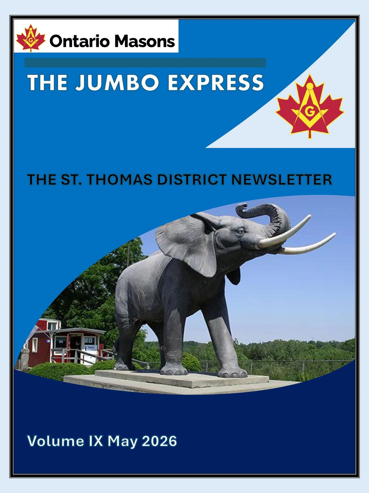Newsletter cover for Ontario Masons featuring a large elephant statue and a maple leaf symbol.
