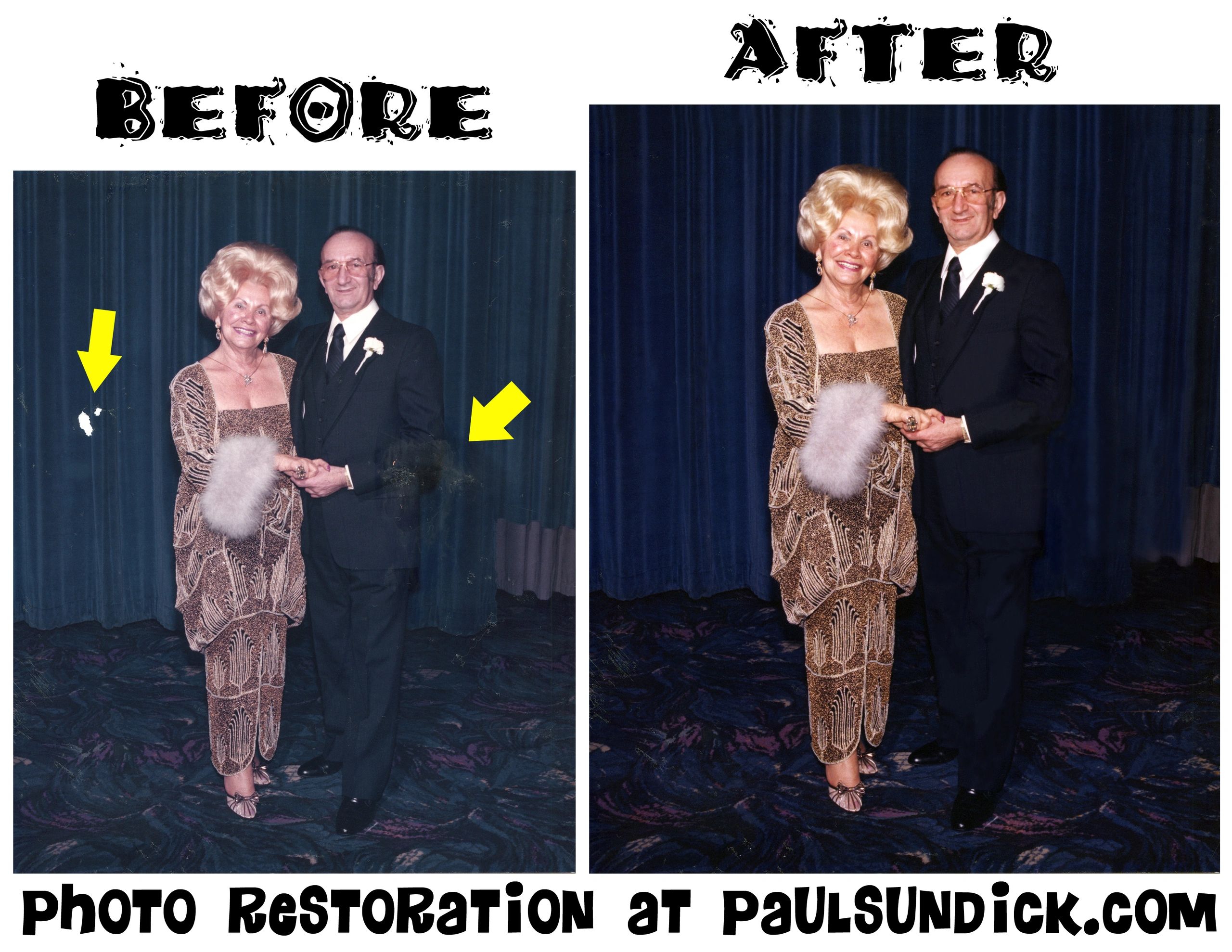 Before and after photo restoration of an elderly couple's portrait.