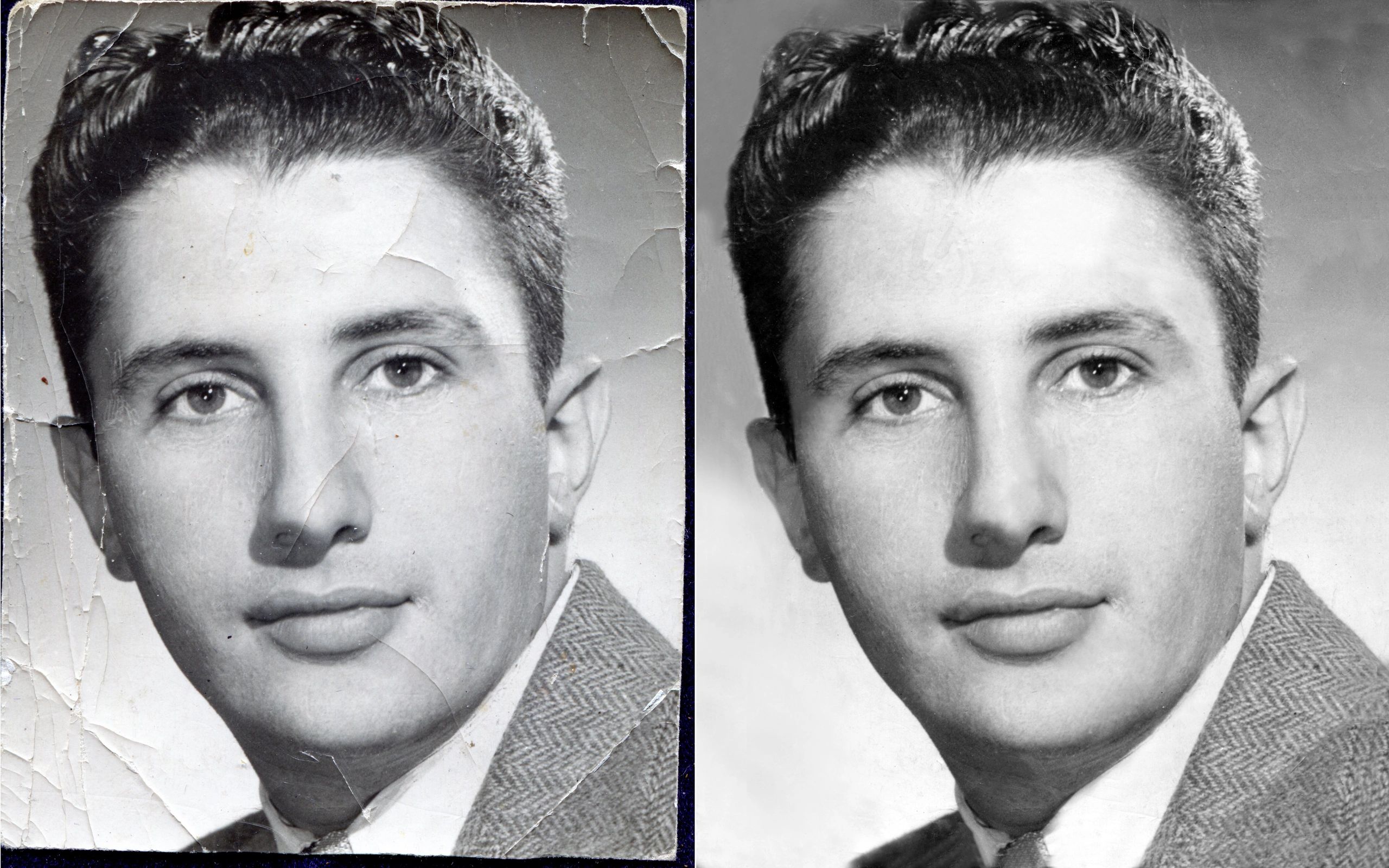 Side-by-side comparison of a vintage photo before and after restoration.