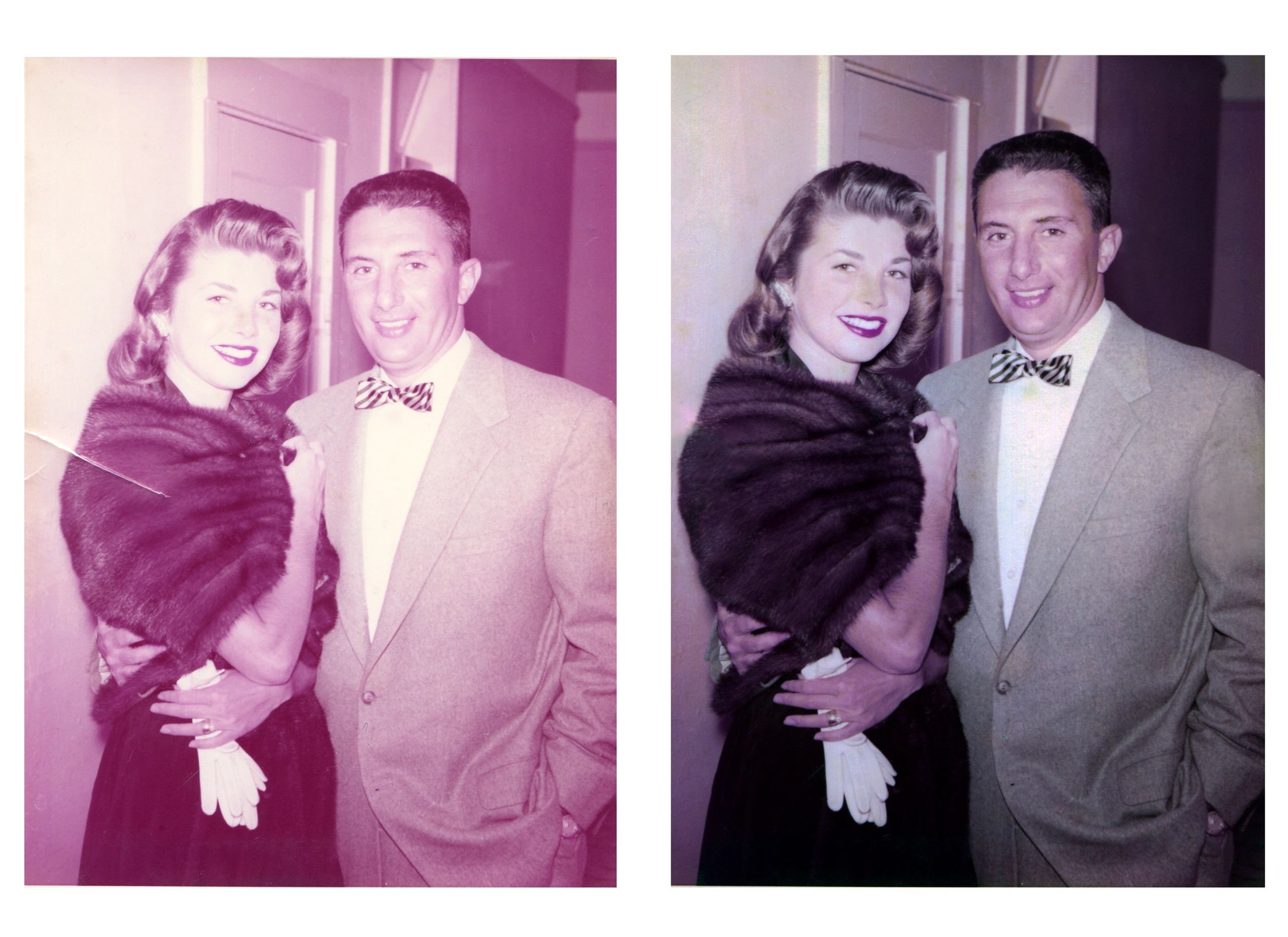 Vintage couple dressed elegantly, smiling warmly for a photo indoors.