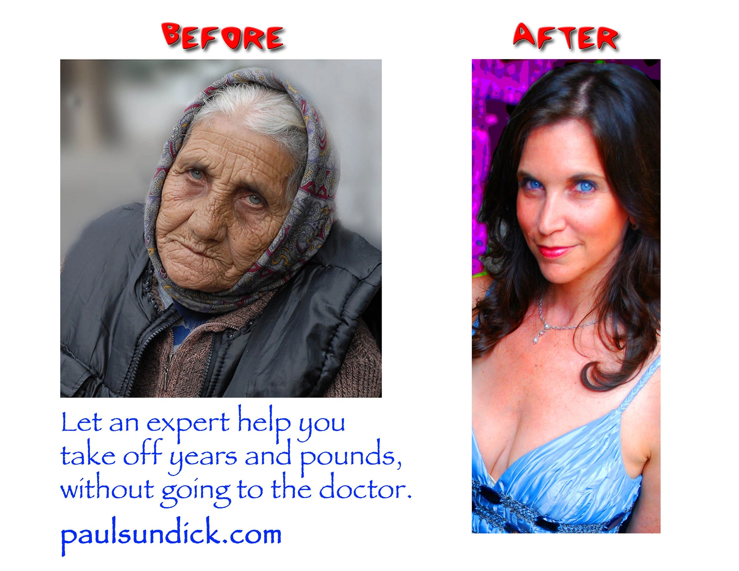 Before and after images showing dramatic age and weight transformation.