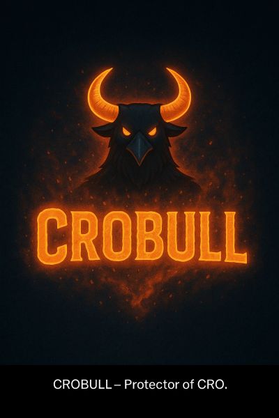 Glowing bull logo with fiery horns and eyes, titled CROBULL.