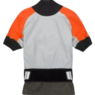 A short-sleeve athletic top with gray, orange, and black color blocks.