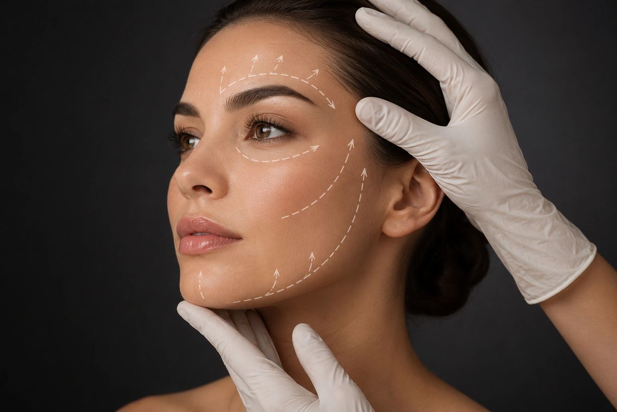 Mujer con marcas de cirugía estética en el rostro.