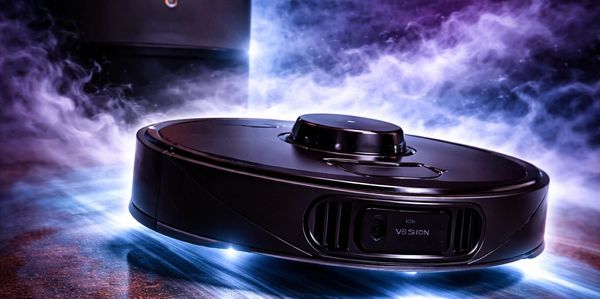 A sleek robotic vacuum cleaner glides on a floor with mist and dramatic lighting.