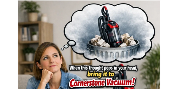 Woman thinking about throwing away a vacuum, promoting Cornerstone Vacuum.