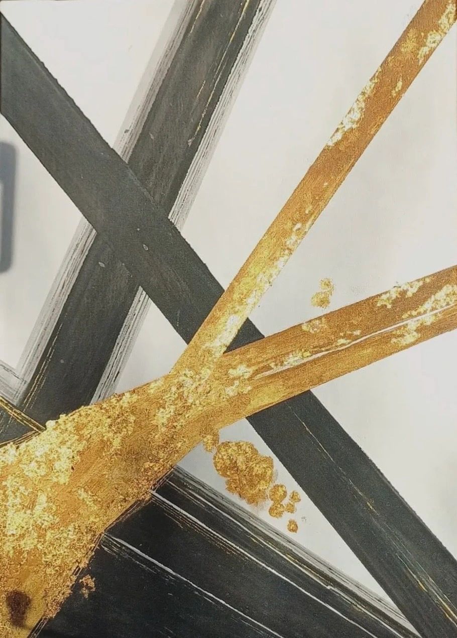 Abstract painting with bold black and gold diagonal strokes.
