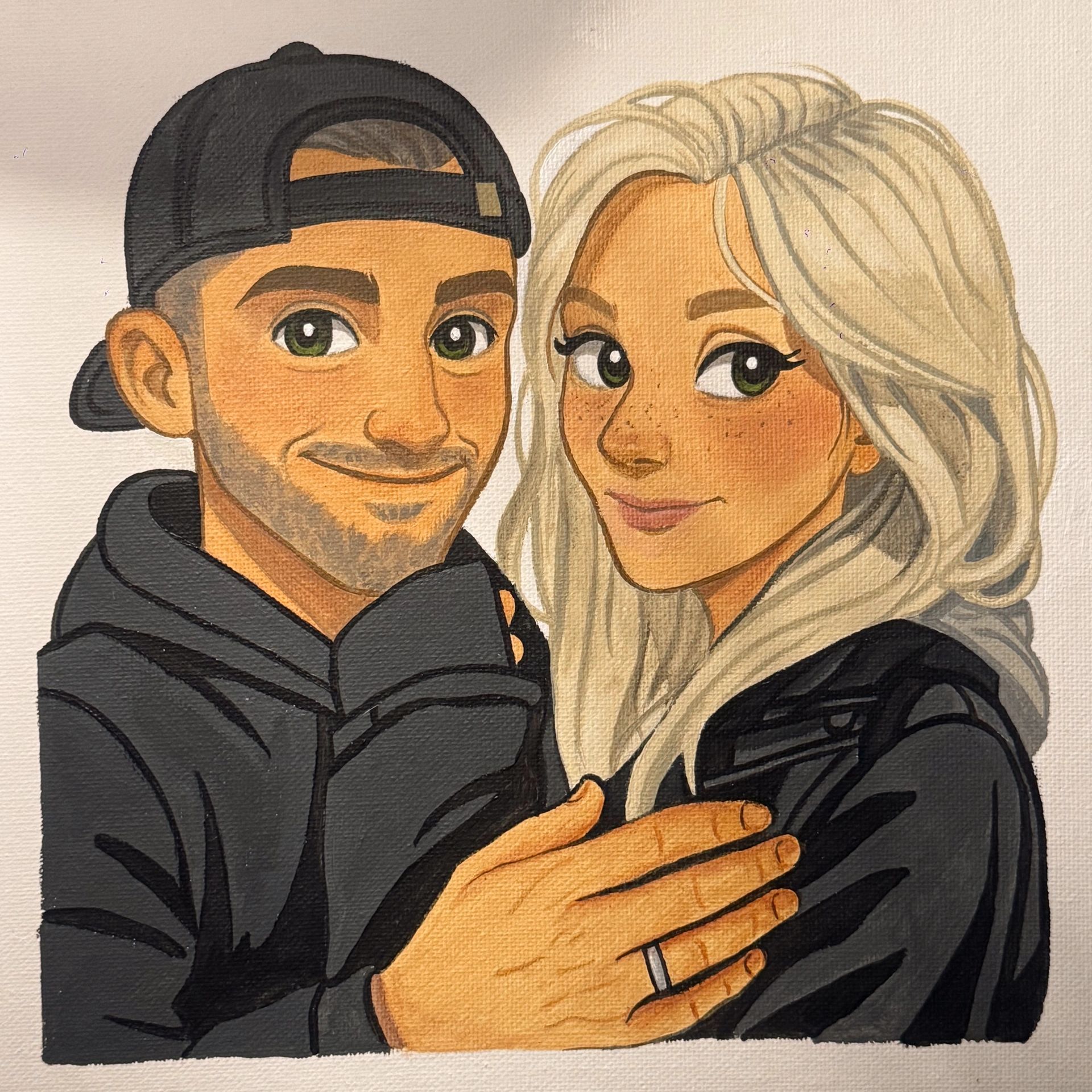 A charming painted portrait of a couple smiling warmly together.