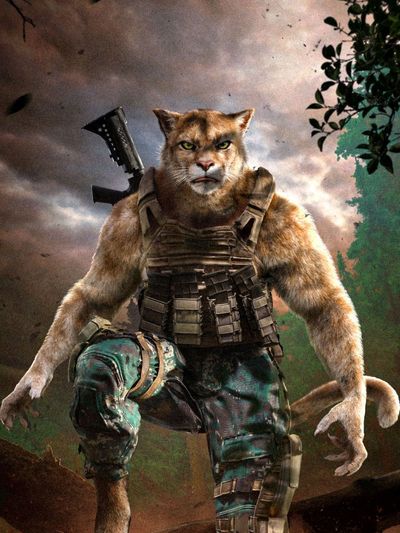 Anthropomorphic feline soldier in tactical gear, ready for battle.