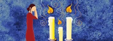 Illustration of a person beside three burning candles with smoke on a blue background.