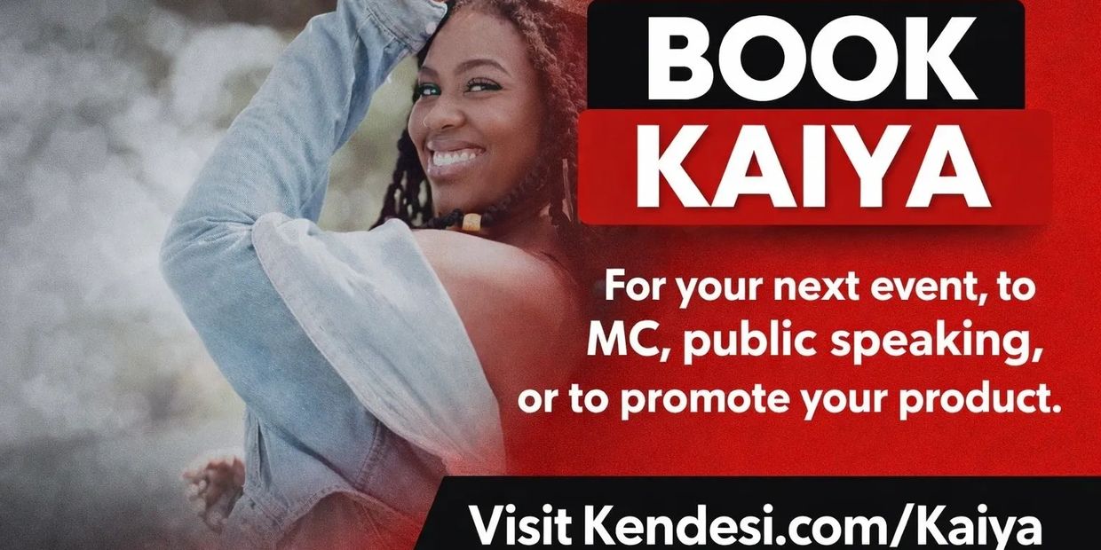 Smiling woman promoting MC, public speaking, and product promotion services.