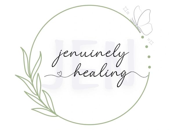Minimalist logo with circle, leaf, butterfly, and text 'genuinely healing'.