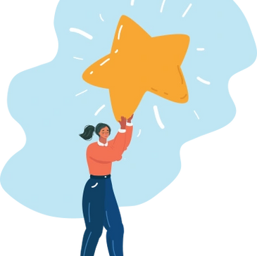 A woman holding a glowing large star above her head.