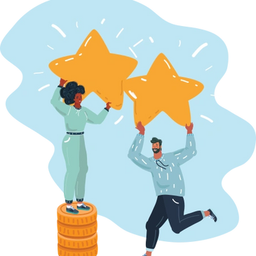 Two people holding large stars, symbolizing achievement and success.