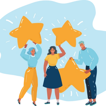 Three people holding large golden stars, symbolizing achievement and teamwork.