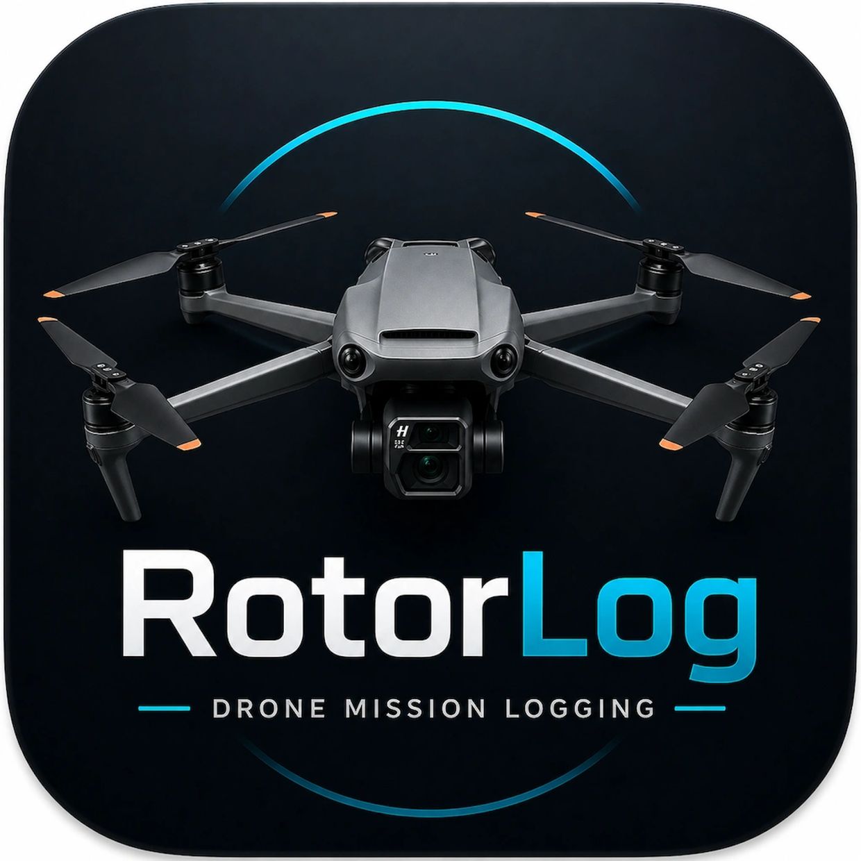 Logo of RotorLog, a drone mission logging service featuring a drone image.