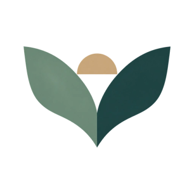 Minimalist logo with two leaf shapes and a semicircle.