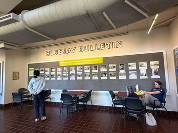Interior of a room labeled Bluejay Bulletin with people viewing a photo display.