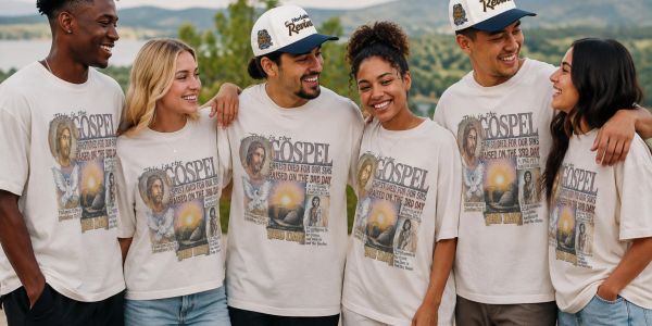 Group of friends wearing matching gospel T-shirts outdoors.
