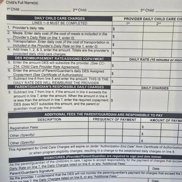 Close-up of a child care charges form detailing daily fees and co-payment instructions.