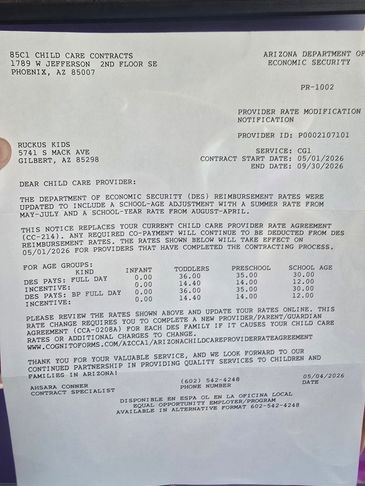 Letter from Arizona Department of Economic Security about child care contract rate modifications.