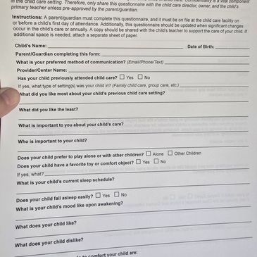 A detailed child care questionnaire form filled out by a parent or guardian.