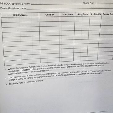 Blank DES/DCC form for child care authorization details.