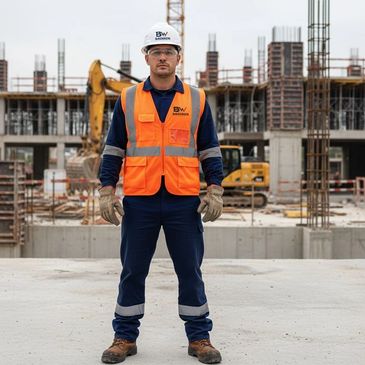 Construction worker in safety gear stands on site with machinery behind.