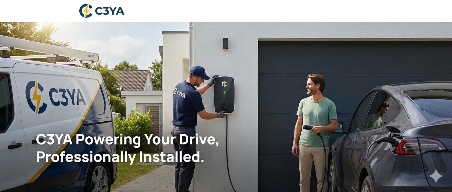 Technician professionally installs an electric car charger while a man holds the charging plug.