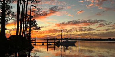 Sunset over the water at our location