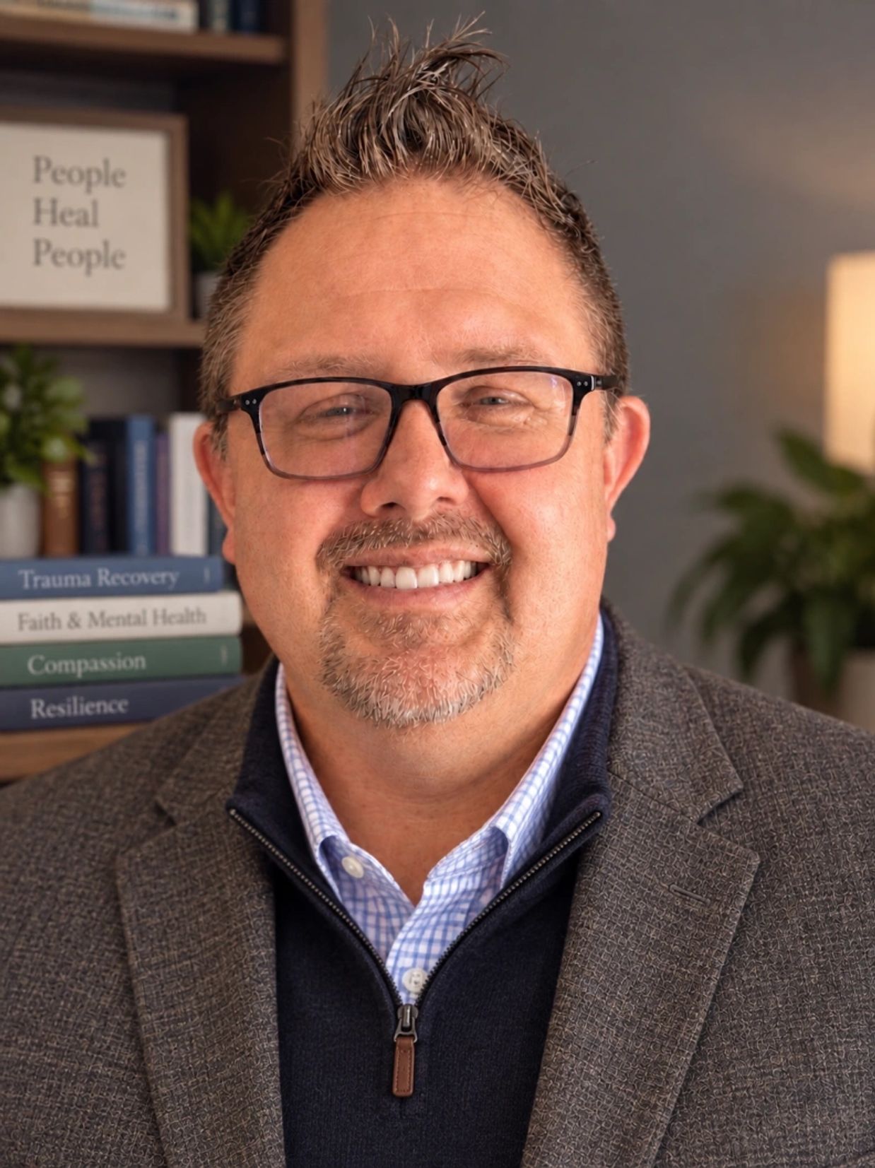 Smiling man with glasses in an office.