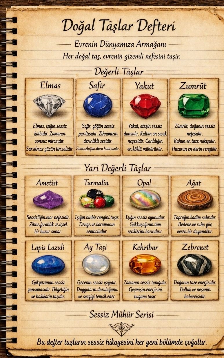 Notebook page describing natural and semi-precious stones with their symbolic meanings in Turkish.