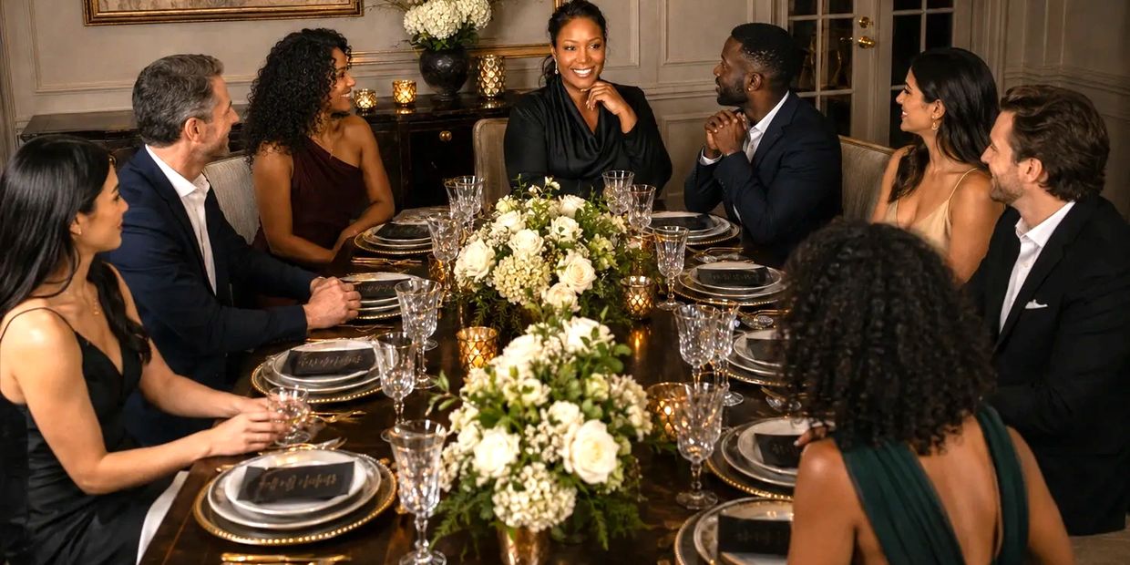 Group of friends enjoying a formal dinner gathering.