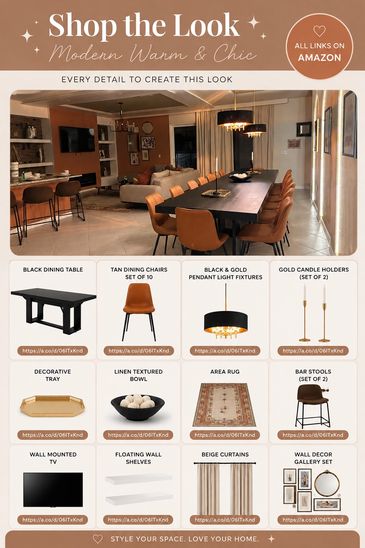 Modern warm and chic dining room look with black table and tan chairs.
