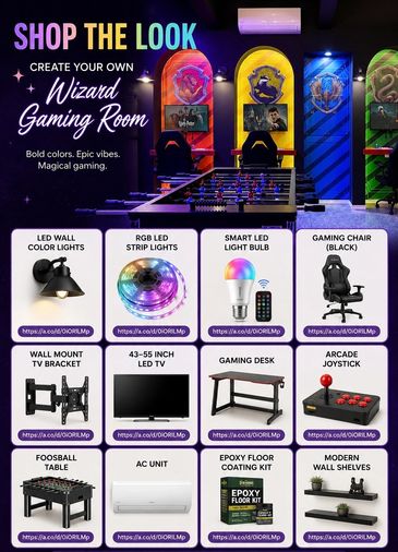 Wizard gaming room setup with lighting and furniture items.