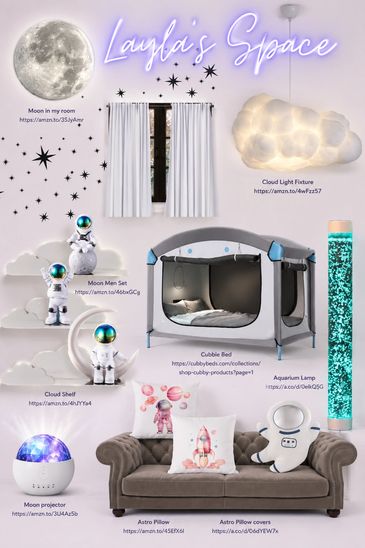 Children's room decorated with a space theme featuring astronaut figures, a moon projector, and themed pillows.