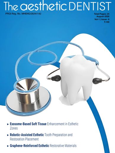 Cover page of The Aesthetic Dentist, August 2026 issue, featuring a stylized tooth model and dental 