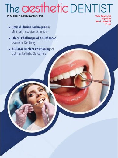 Dental magazine cover on aesthetic dentistry with AI and optical illusion techniques.