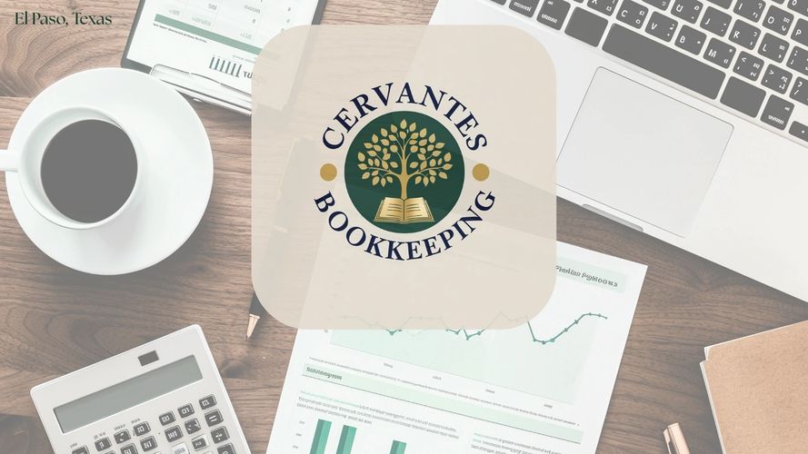 Cervantes Bookkeeping logo over a workspace with coffee, calculator, and laptop.