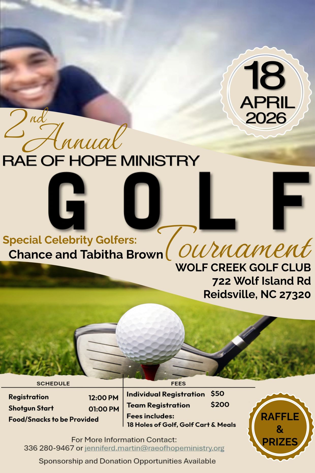 Flyer for the 2nd Annual Rae of Hope Ministry Golf Tournament on April 18, 2026.