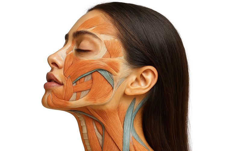 Side profile of a woman with facial and neck muscles illustrated over her skin.