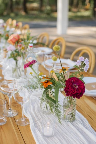 Summer garden flowers on table at wedding at Old Mill Guest House