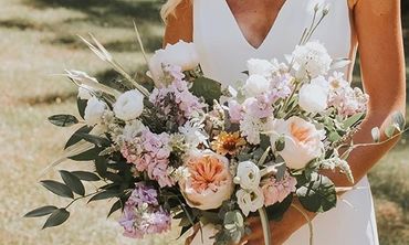 Lavender, white and peach spring wedding bouquet at Red Maple Vineyard