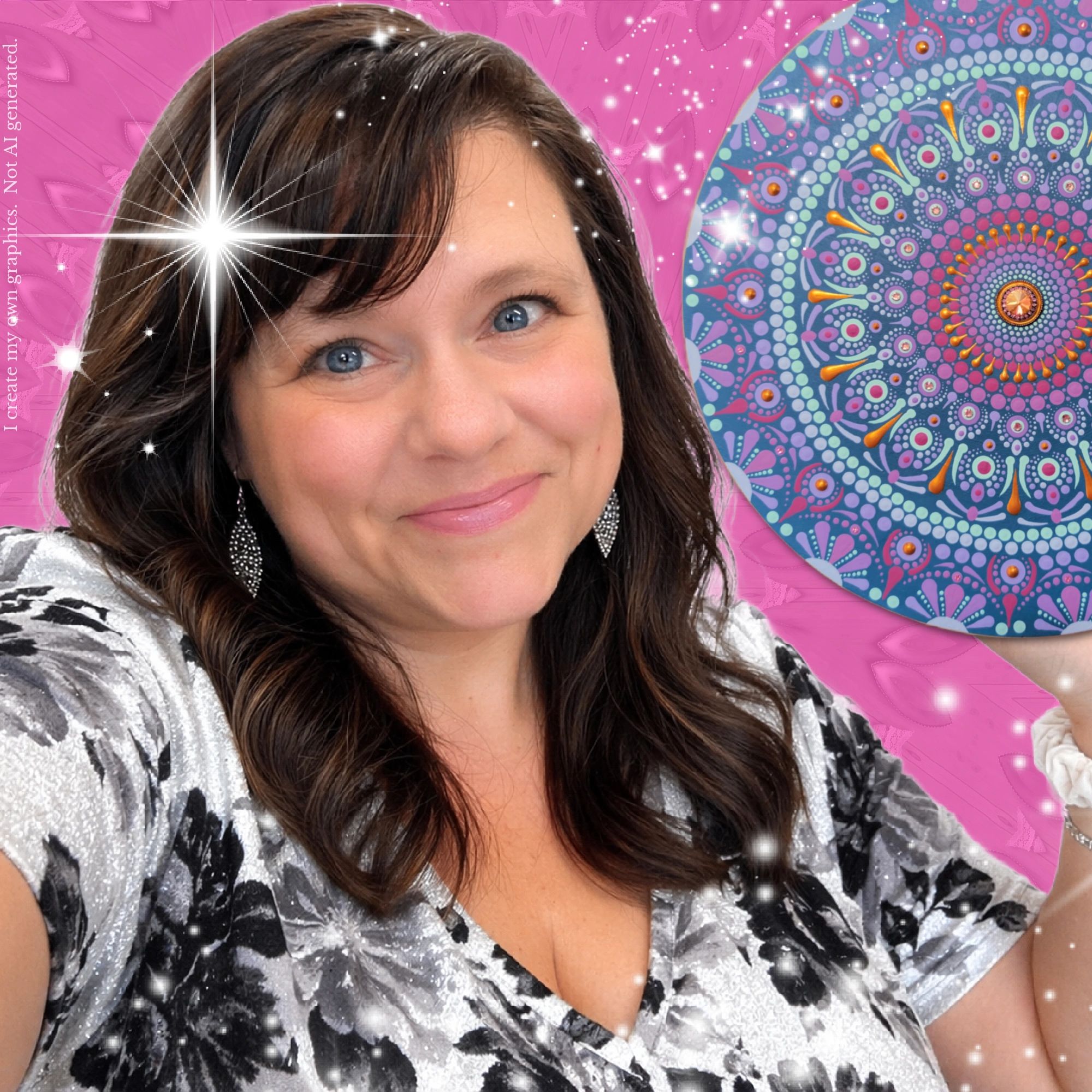 Smiling woman with cascaded brown hair and blue eyes on a pink background with sparkles.