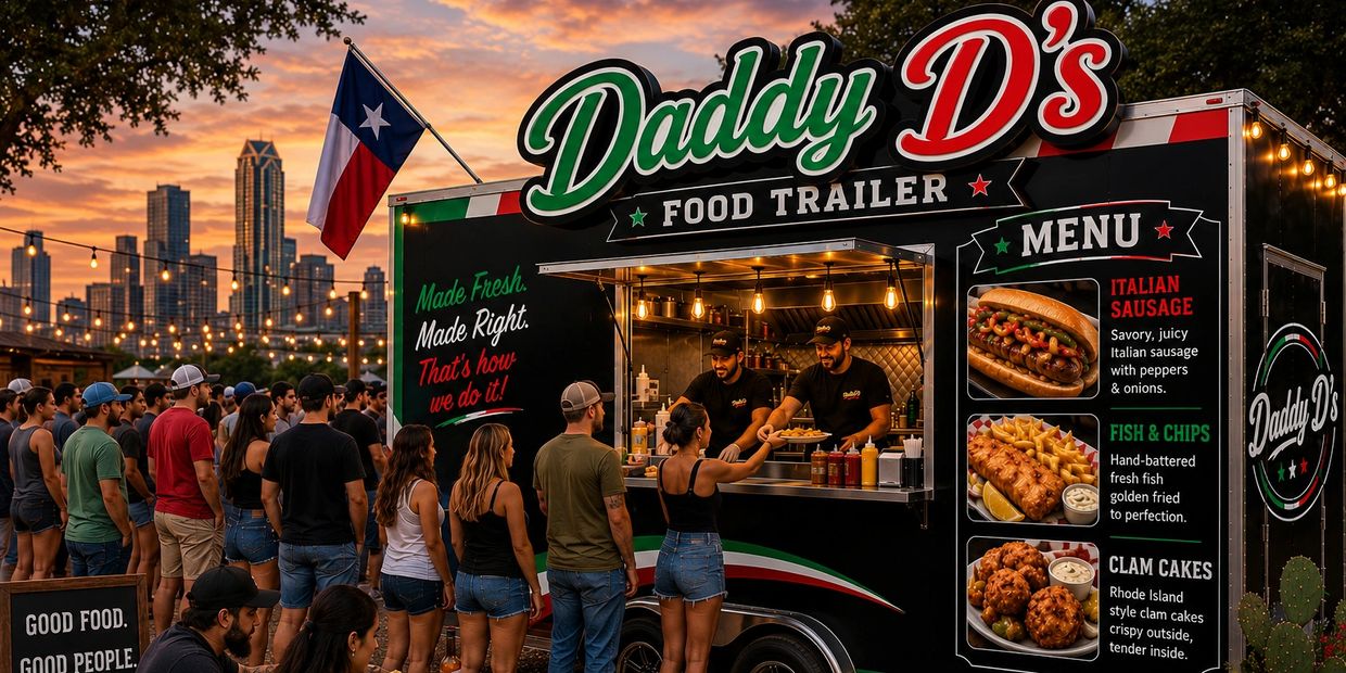 People line up at Daddy D's food trailer during sunset in a lively city setting.