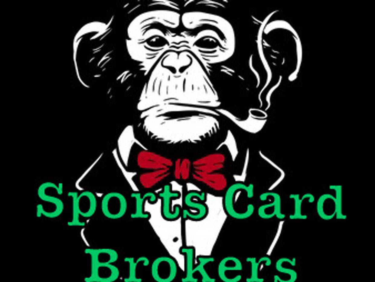 Logo of a smoking chimpanzee in a tuxedo with red bow tie, labeled Sports Card Brokers.